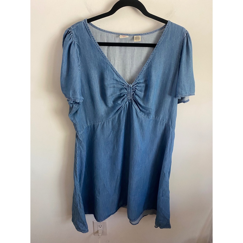 Levis Womens 2X Blue Denim V-Neck Puff Sleeve Mini Dress Gathered Bust Chambray